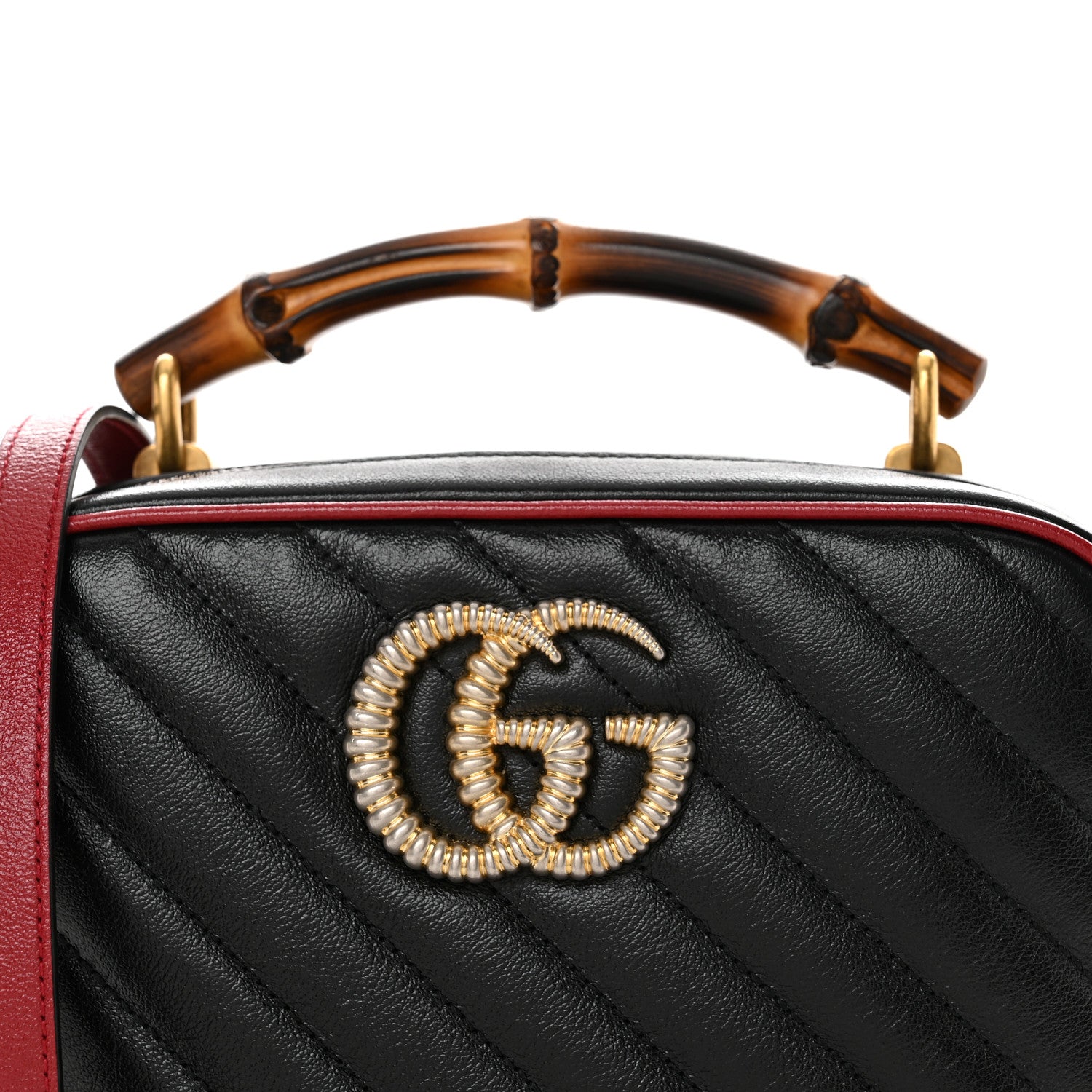 Gucci Vintage Effect Calfskin Matelasse Diagonal Small Torchon GG Marmont Bamboo Top Handle Shoulder Bag Black Romantic Cherry 8 of 10