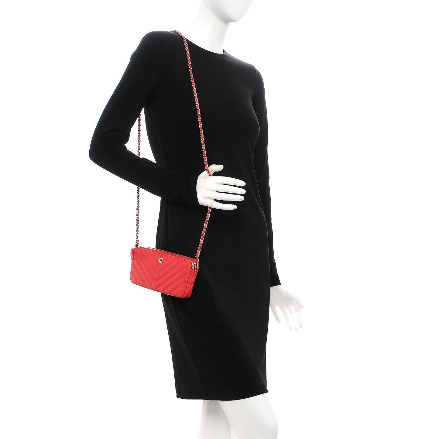Caviar Chevron Quilted Small Clutch With Chain Light Red