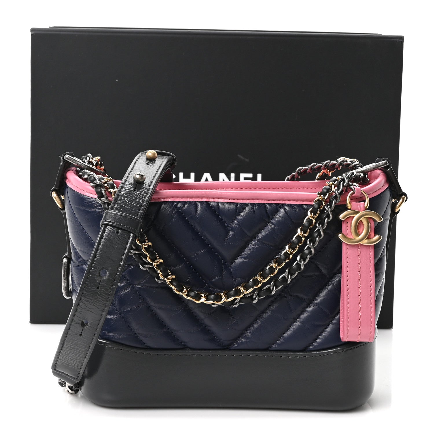 Chanel Aged Calfskin Chevron Quilted Small Gabrielle Hobo Dark Pink Navy 11 of 11