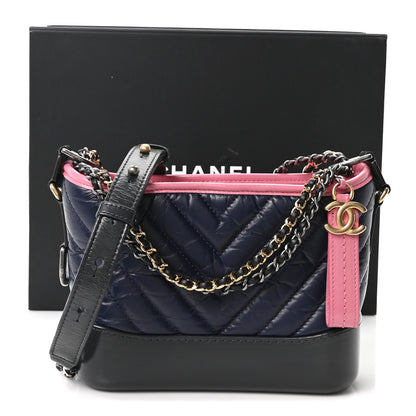 Chanel Aged Calfskin Chevron Quilted Small Gabrielle Hobo Dark Pink Navy 11 of 11