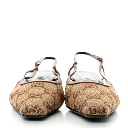 Gucci GG Monogram Malaga Kid Crystal Square G 35mm Slingback Pumps 37.5 Camel Ebony Cuir 2 of 9