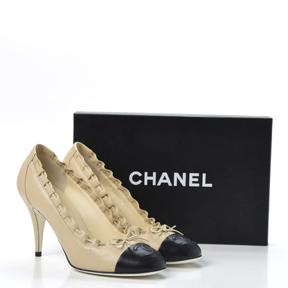 Chanel Lambskin Cap Toe CC Woven Pumps 38.5 Beige Black 11 of 11