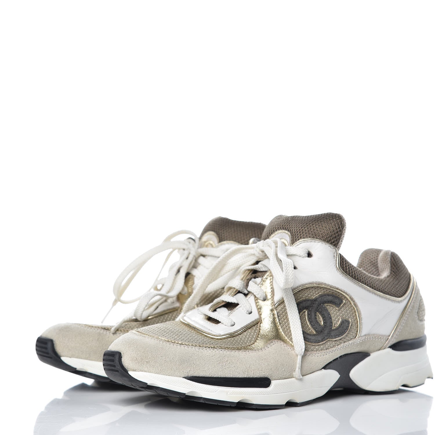 Chanel Suede Calfskin CC Sneakers 37 Beige Gold 3 of 11