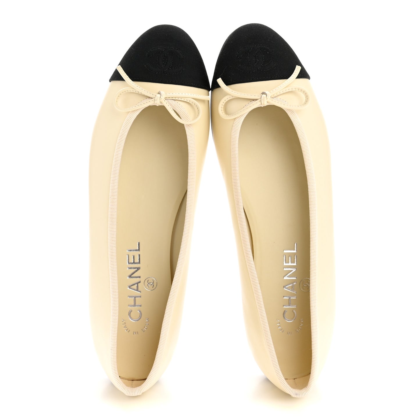 Calfskin Grosgrain Cap Toe CC Ballerina Flats 38 Ivory Black
