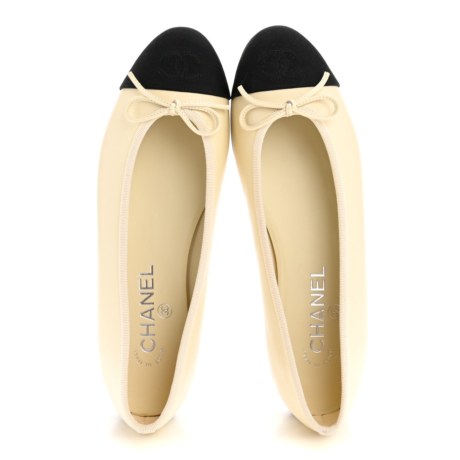 Chanel Calfskin Grosgrain Cap Toe CC Ballerina Flats 38 Ivory Black 2 of 11
