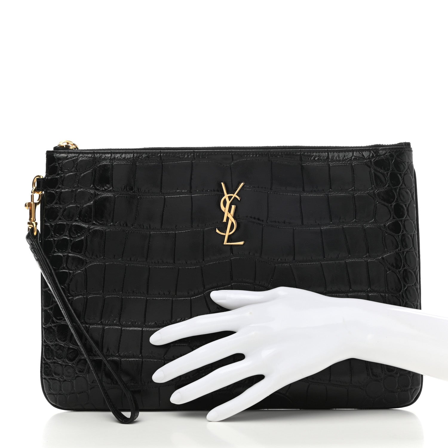 Saint Laurent Calfskin Crocodile Embossed Tablet Pouch Black 2 of 8
