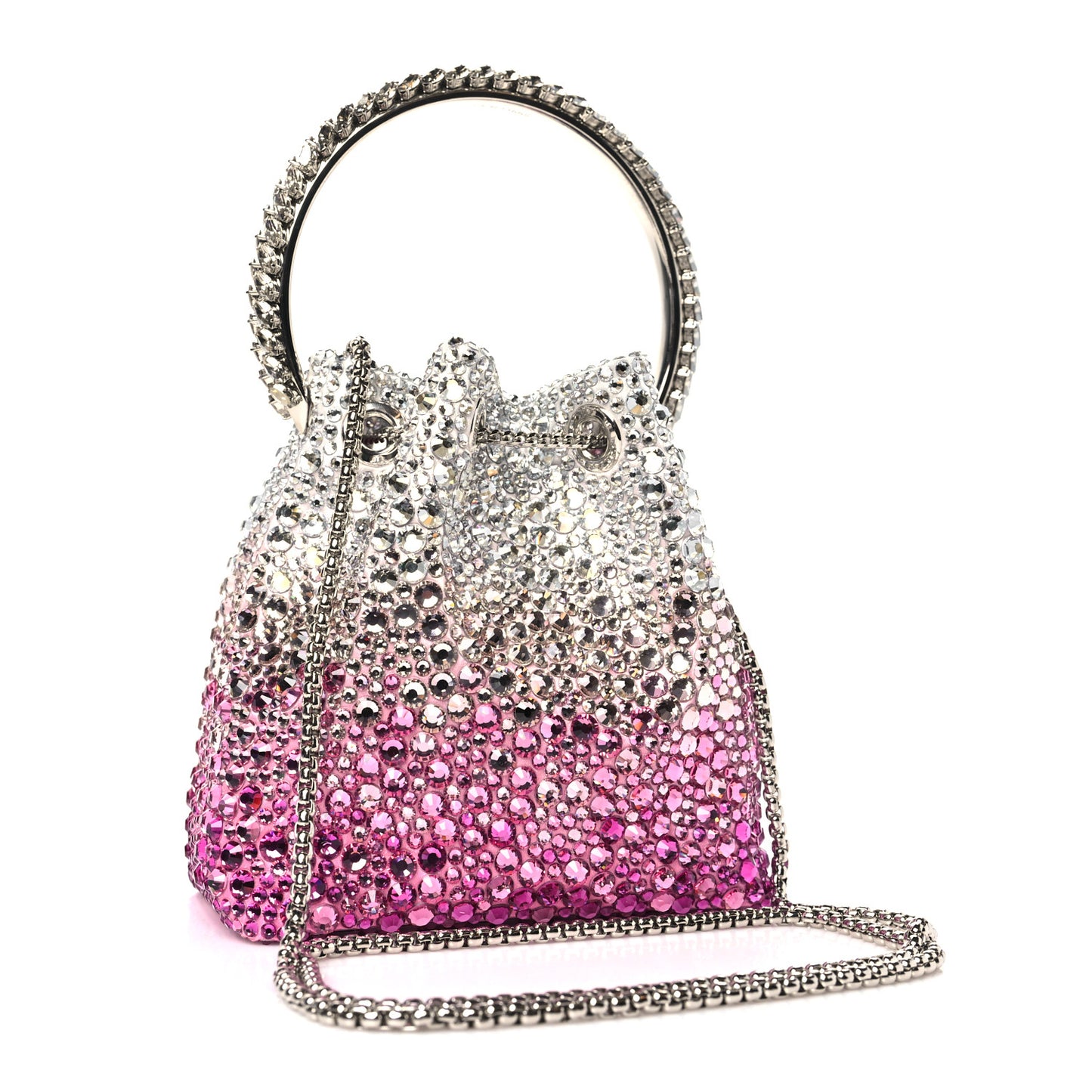 Satin Hotfix Crystal Embellished Bon Bon Bucket Bag Candy Pink Silver