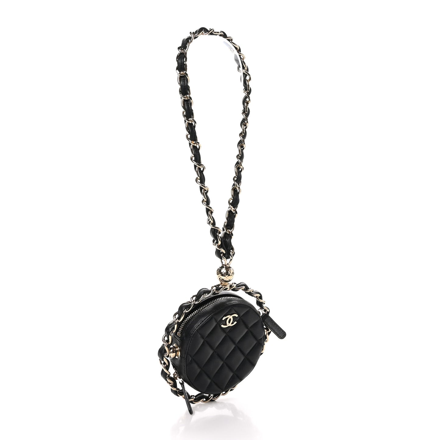 Lambskin Quilted Chain Round Mini Clutch Black