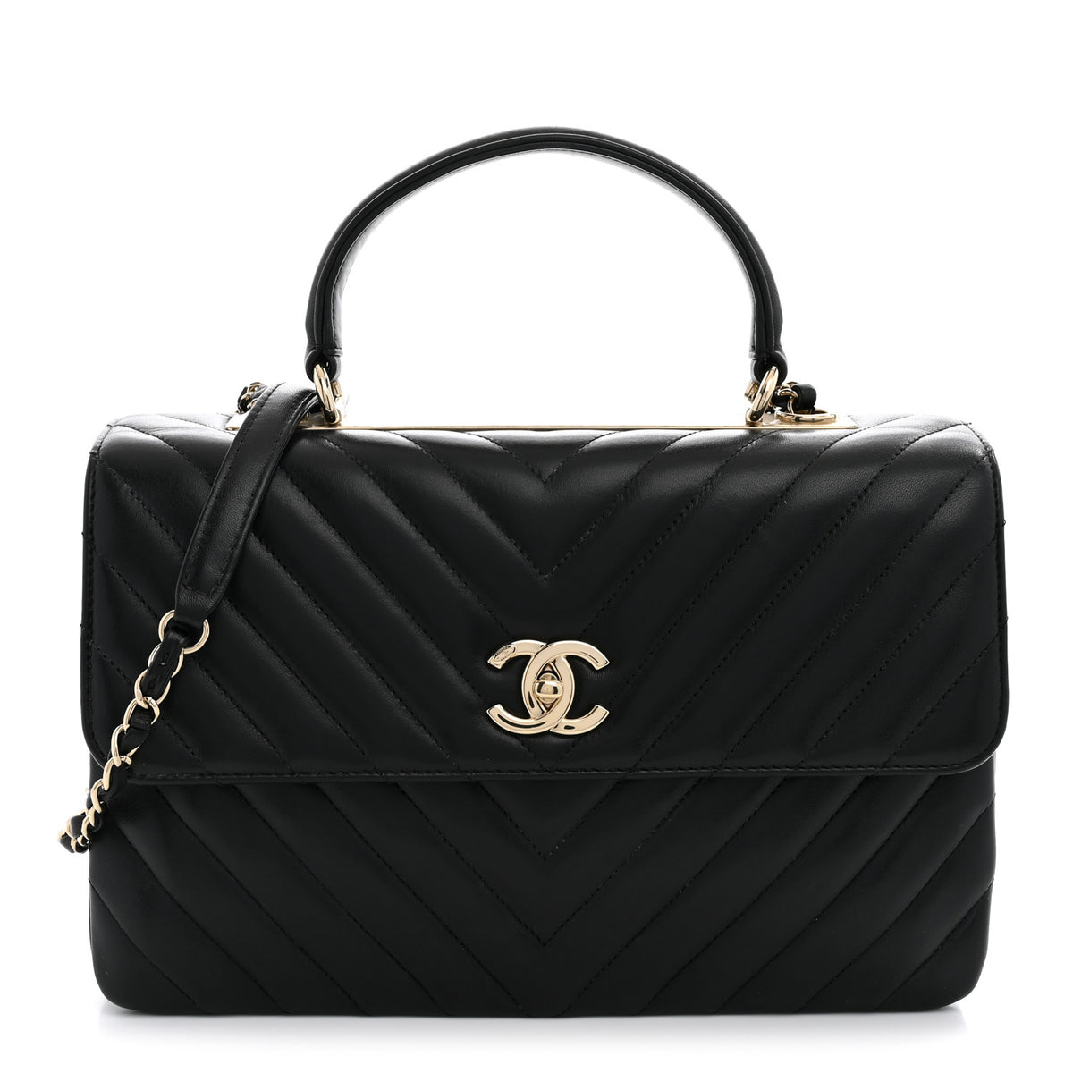 Lambskin Chevron Quilted Medium Trendy CC Dual Handle Flap Bag Black