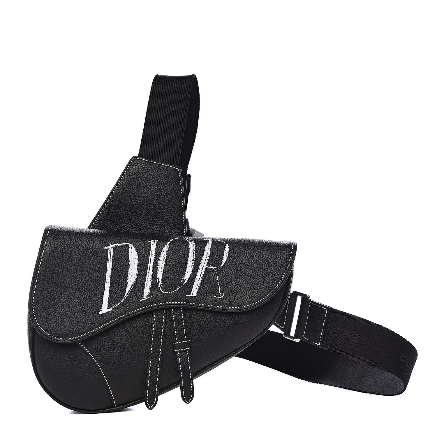 Christian Dior Grained Calfskin Logo Saddle Messenger Bag Black 1 of 11