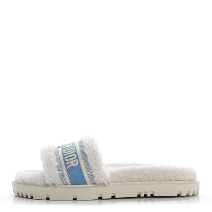 Christian Dior Shearling Canvas Embroidered Dway 10mm Slide Sandals 37.5 Natural Light Blue 1 of 10