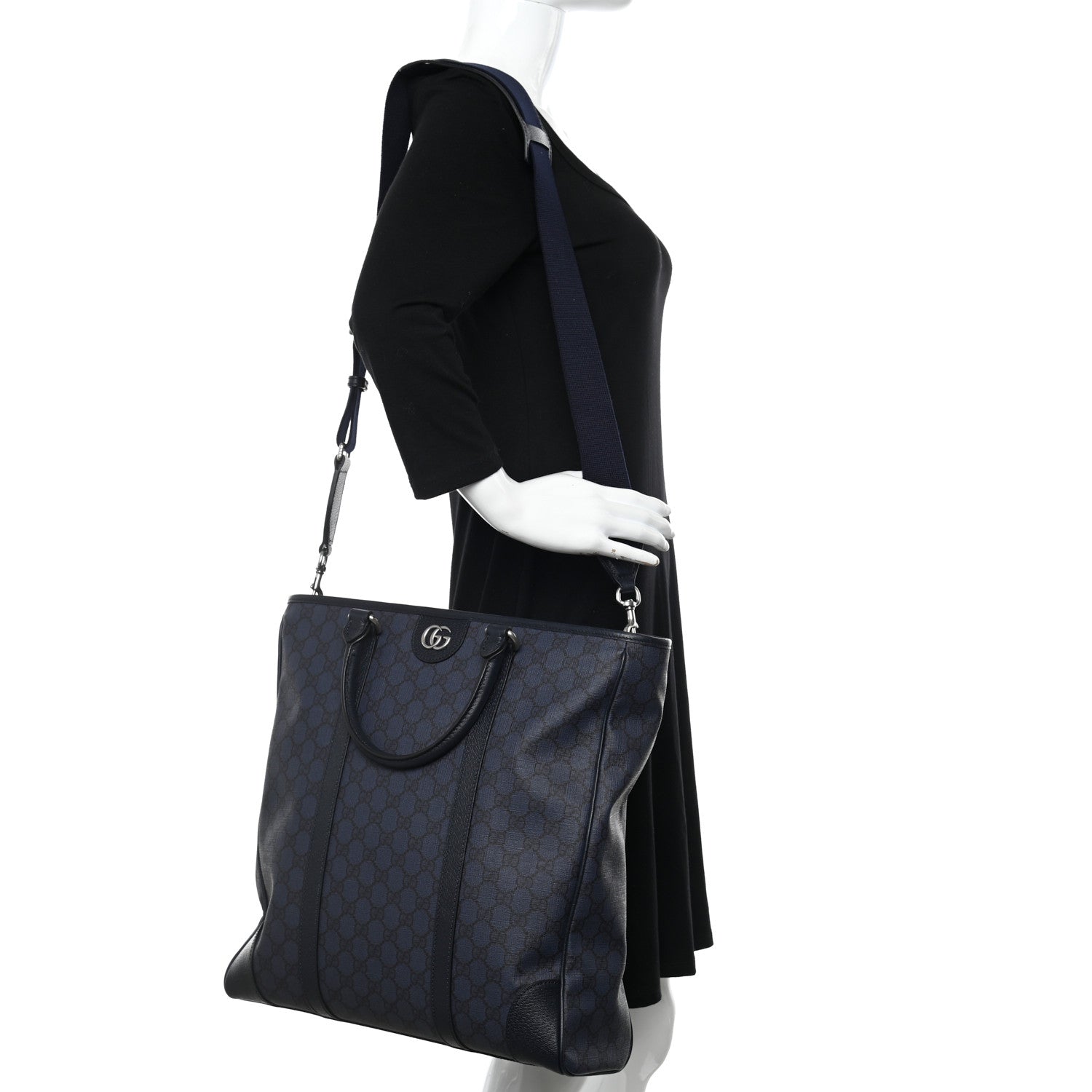 Gucci GG Supreme Monogram Textured Dollar Calfskin Medium Ophidia Tote Black Blue 2 of 10
