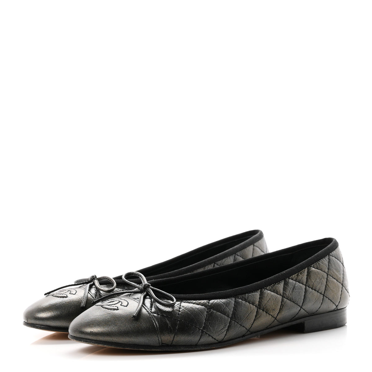 Chanel Metallic Aged Calfskin Quilted CC Cap Toe Ballerina Flats 38.5 Dark Silver 4 of 9