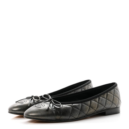 Chanel Metallic Aged Calfskin Quilted CC Cap Toe Ballerina Flats 38.5 Dark Silver 4 of 9