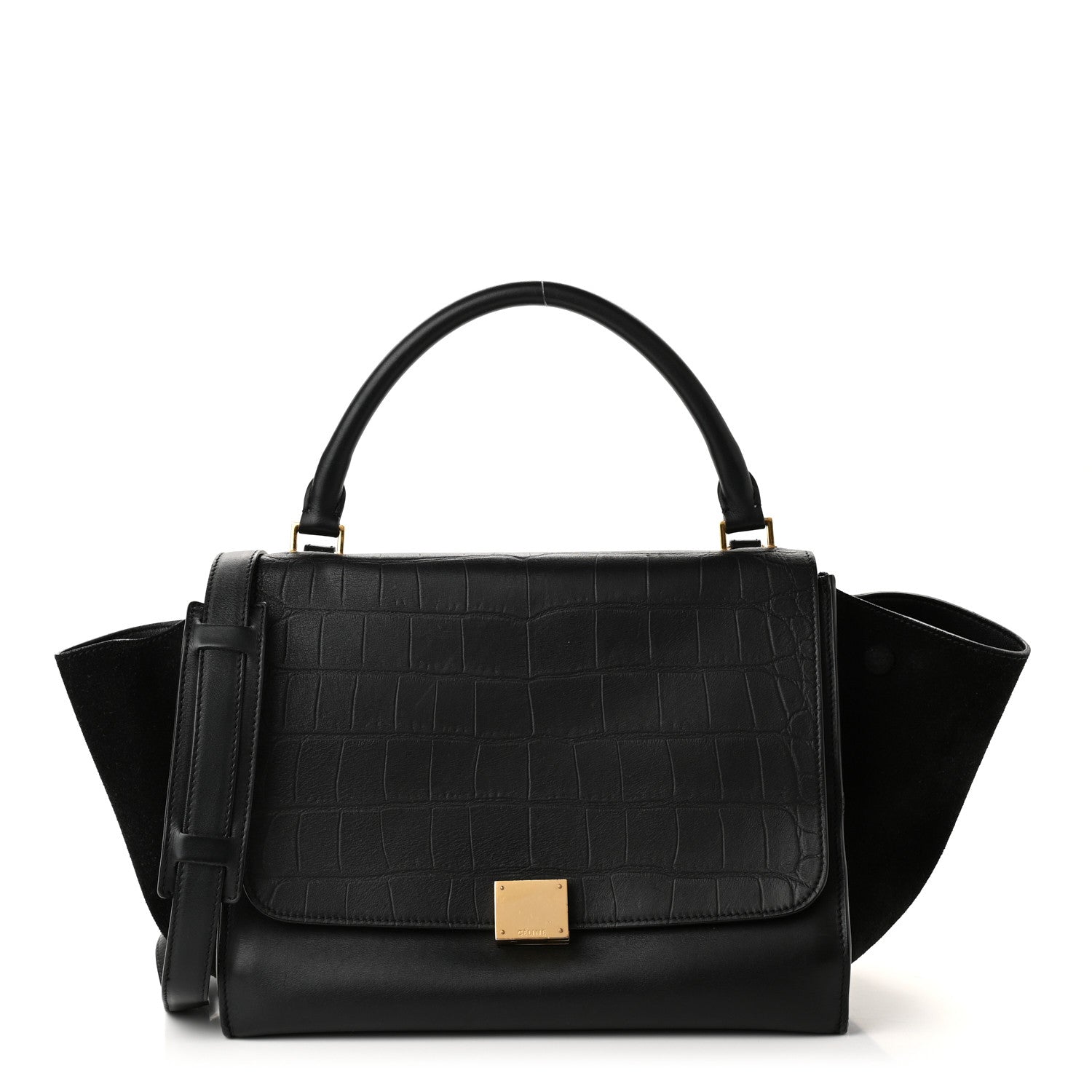Celine Crocodile Embossed Calfskin Suede Medium Trapeze Black 1 of 9