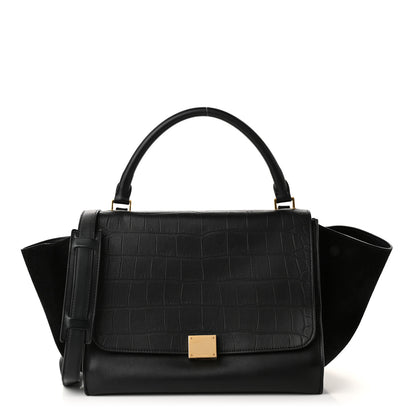 Celine Crocodile Embossed Calfskin Suede Medium Trapeze Black 1 of 9