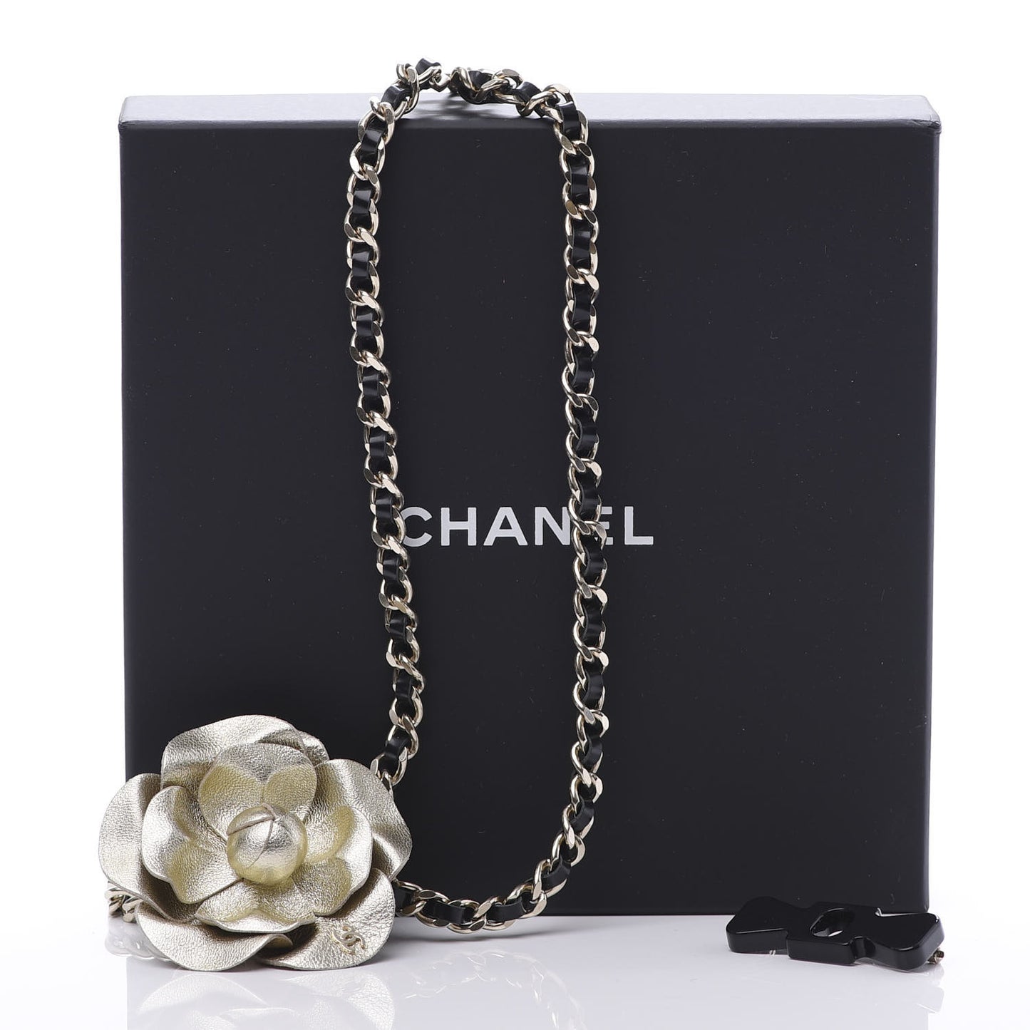 Glazed Calfskin CC Camellia Chain Necklace Gold Black