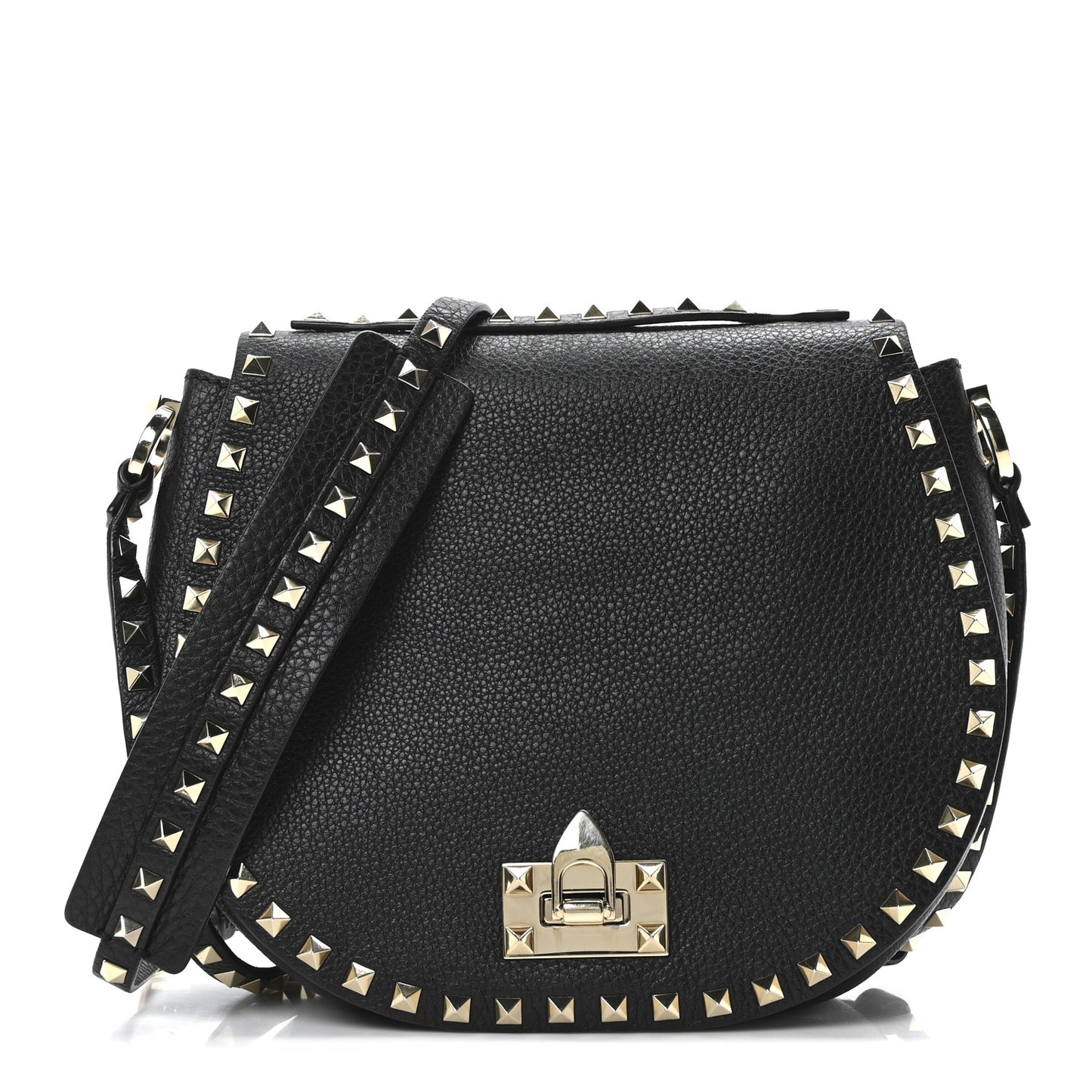 Pebbled Calfskin Rockstud Crossbody Saddle Bag Black