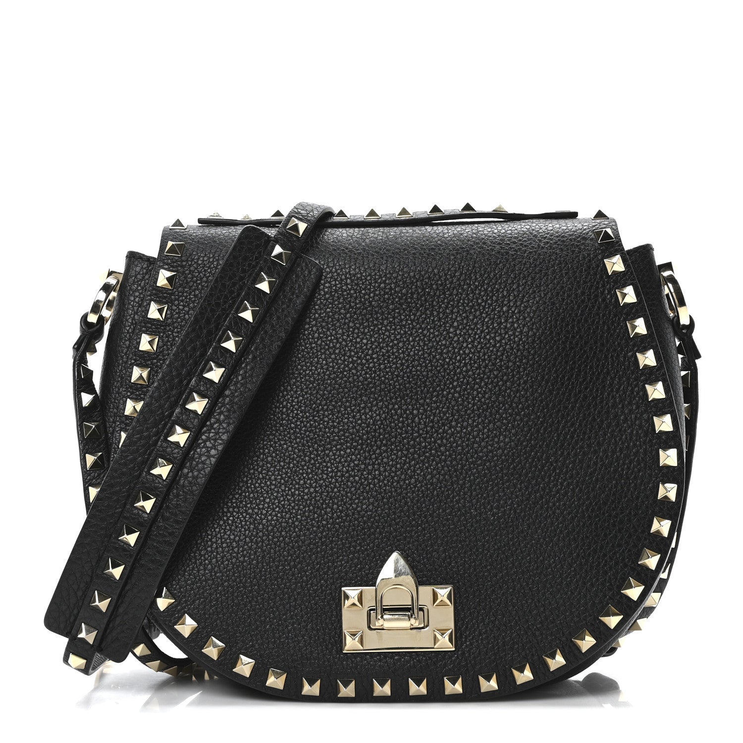 Valentino Garavani Pebbled Calfskin Rockstud Crossbody Saddle Bag Black 1 of 9