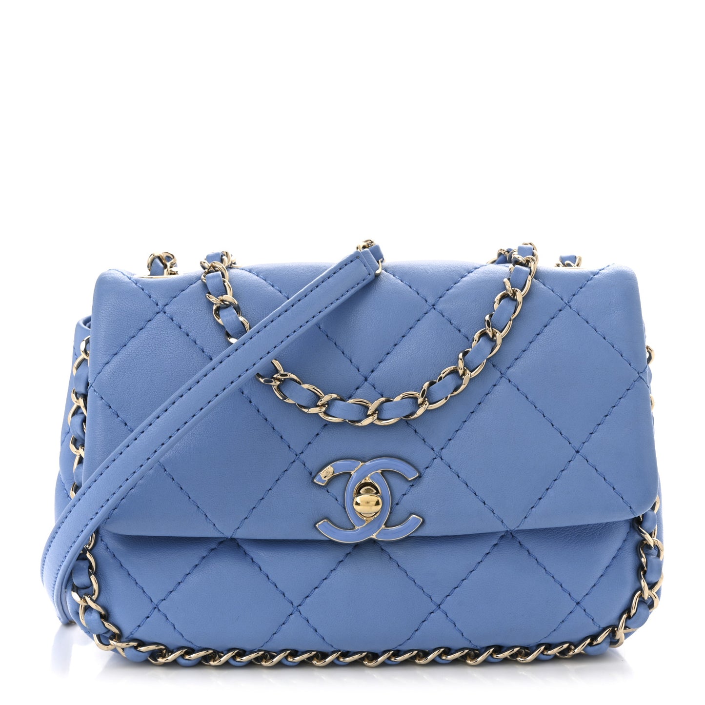Lambskin Enamel Quilted Small Chain Frame Flap Blue