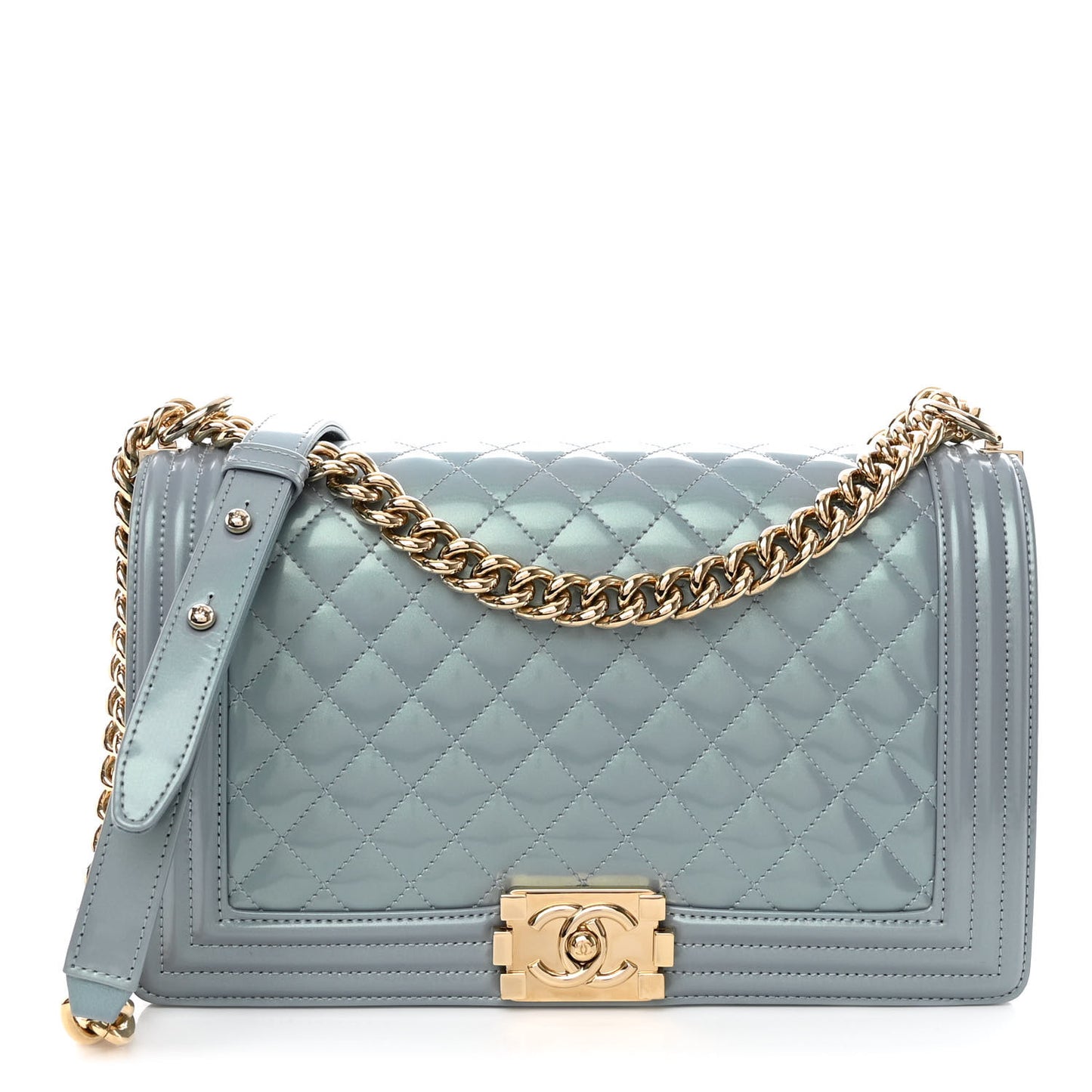 Iridescent Glazed Calfskin Quilted New Medium Boy Flap Light Blue