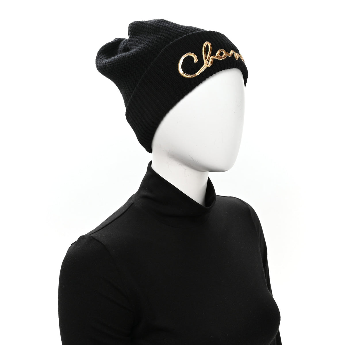 Cashmere Sequin Logo Beanie Hat Black Gold
