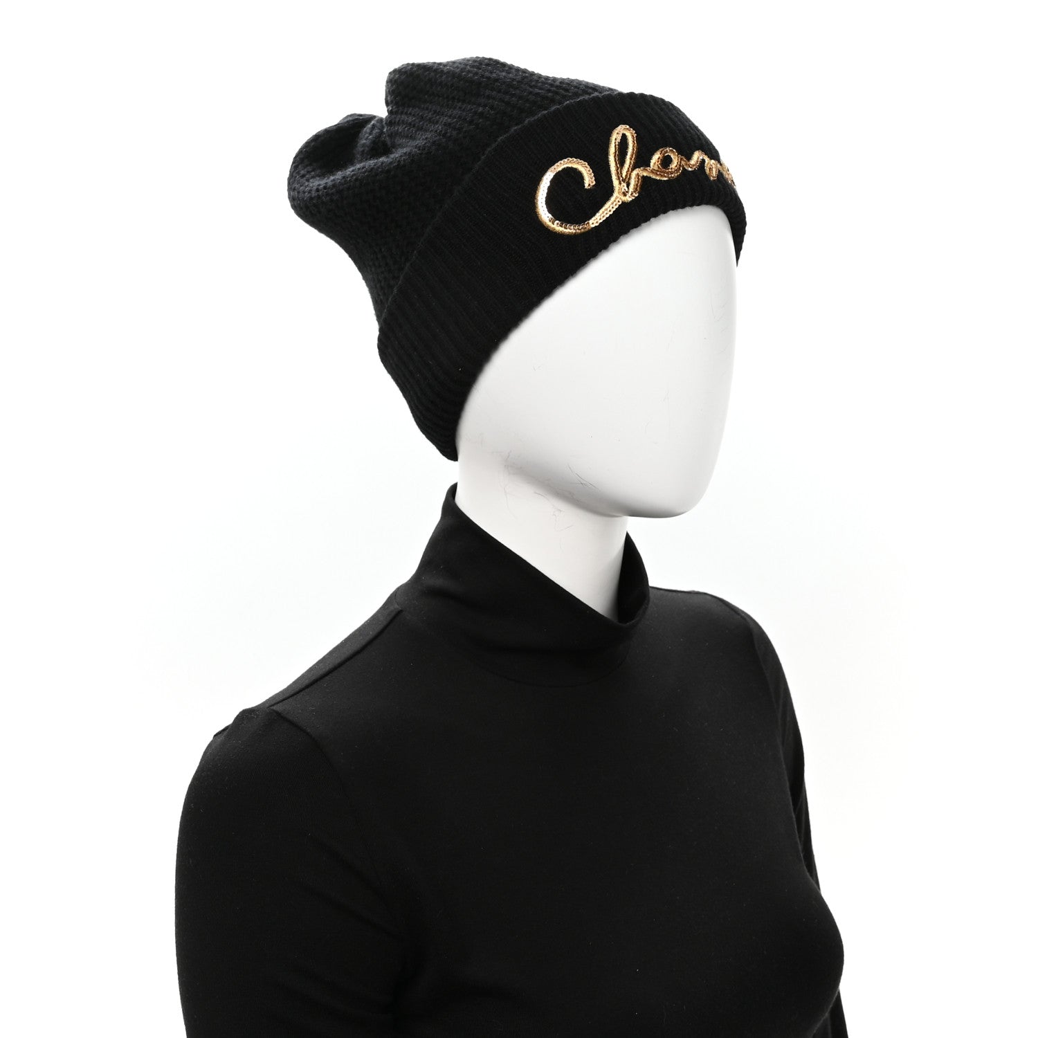 Chanel Cashmere Sequin Logo Beanie Hat Black Gold 2 of 6