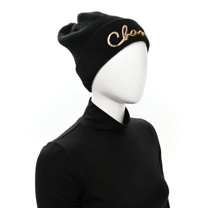 Chanel Cashmere Sequin Logo Beanie Hat Black Gold 2 of 6