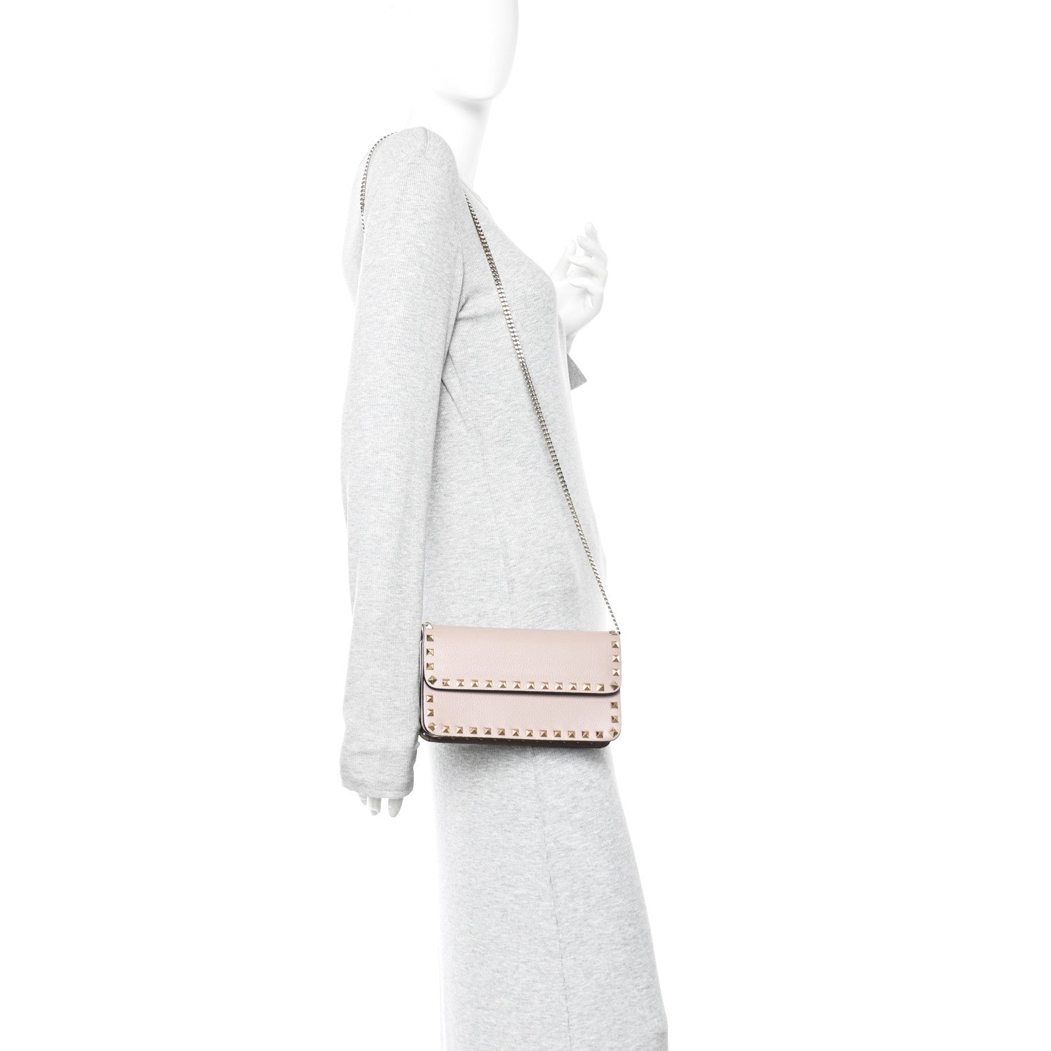Valentino Garavani Pebbled Calfskin Rockstud Flap Wallet On Chain Poudre 2 of 10