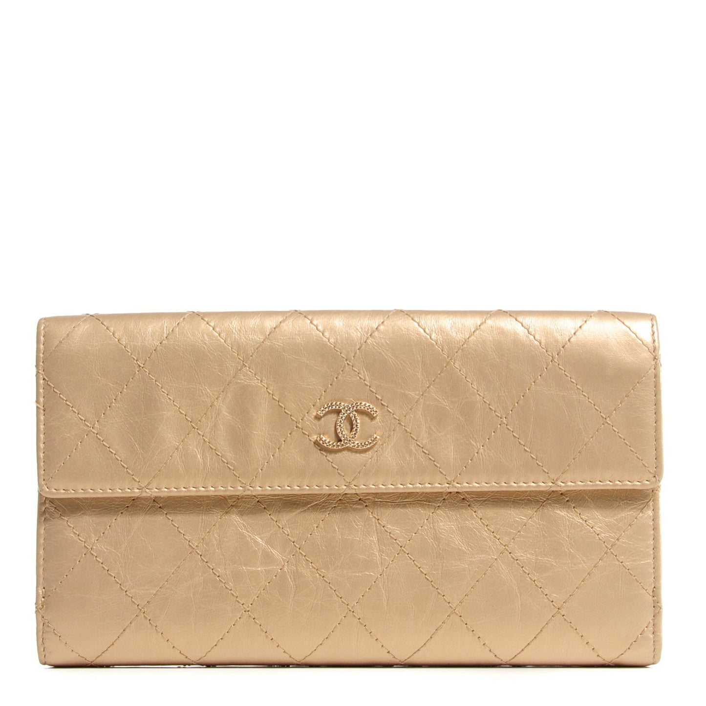 Metallic Calfskin Quilted Long Flap Wallet Gold