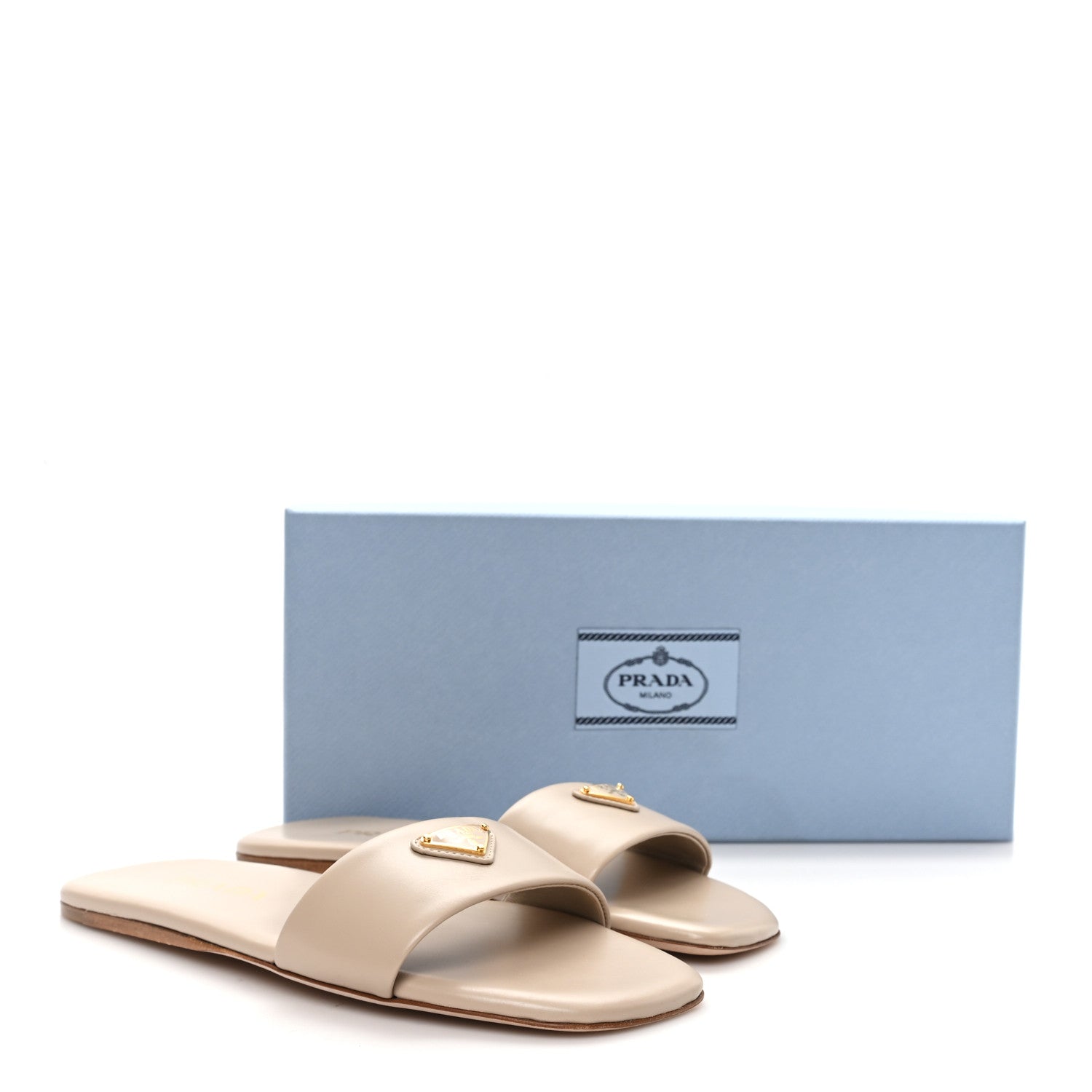 Prada Nappa Metal Triangle Logo Flat Slide Sandals 35 Travertino 9 of 9