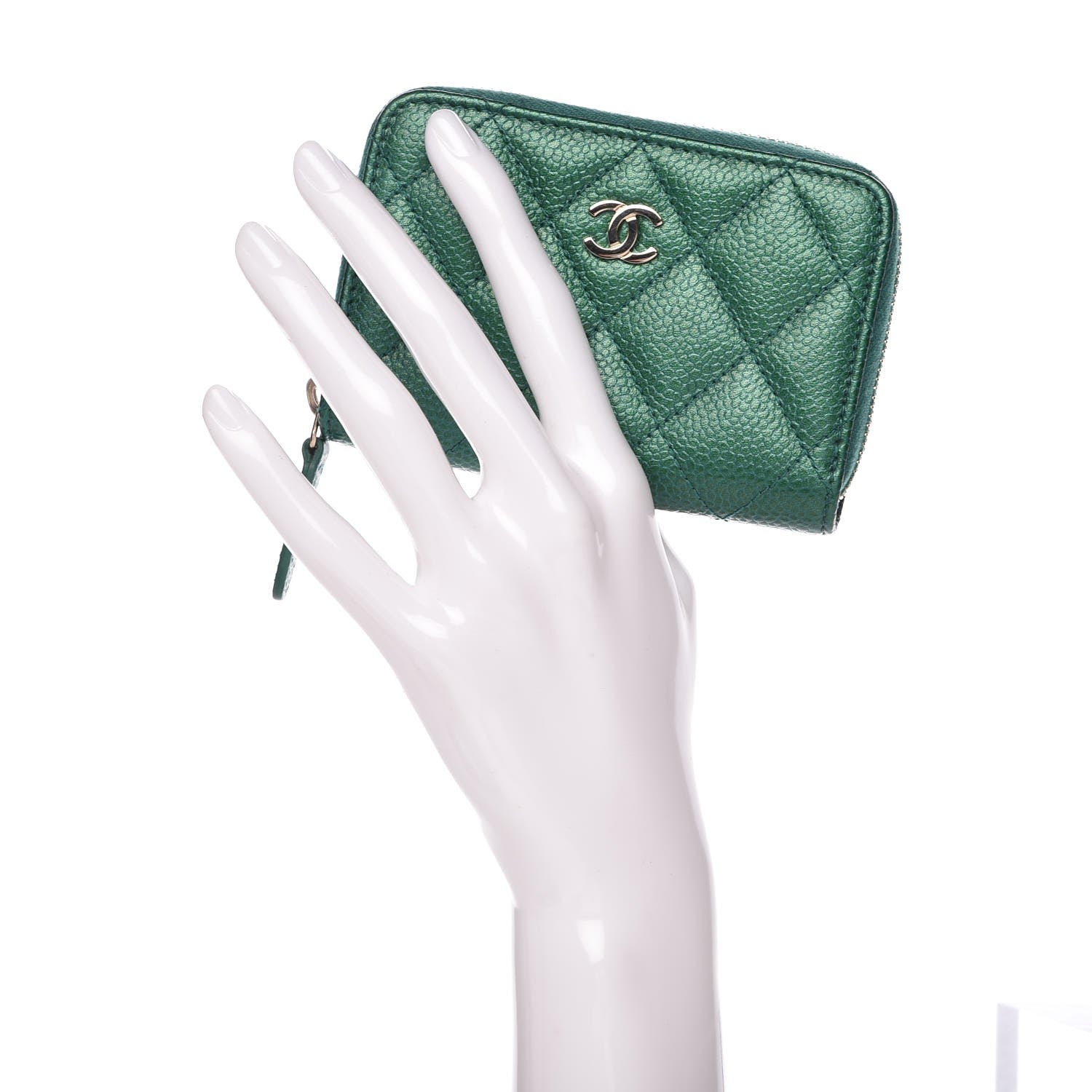 Chanel Metallic Caviar Quilted Zip Coin Purse Green 2 of 7