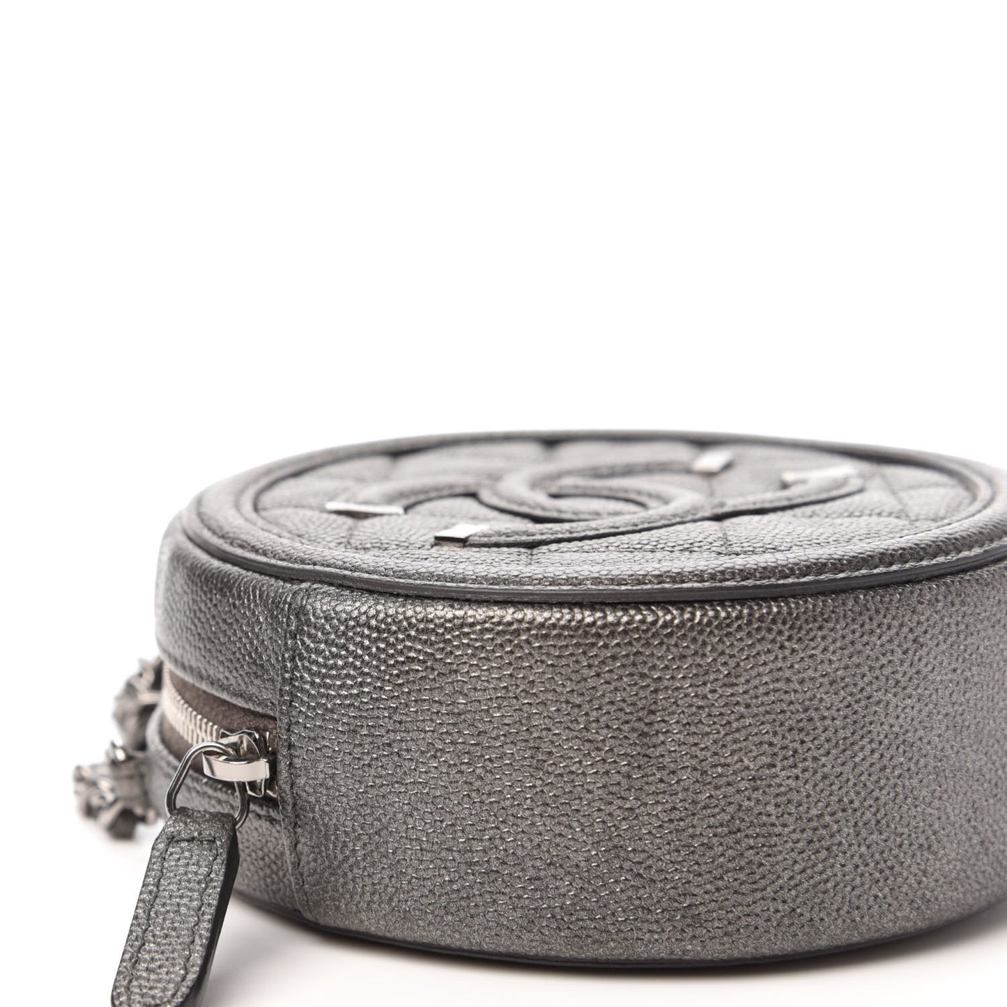 Metallic Caviar Quilted Round Filigree Crossbody Dark Silver