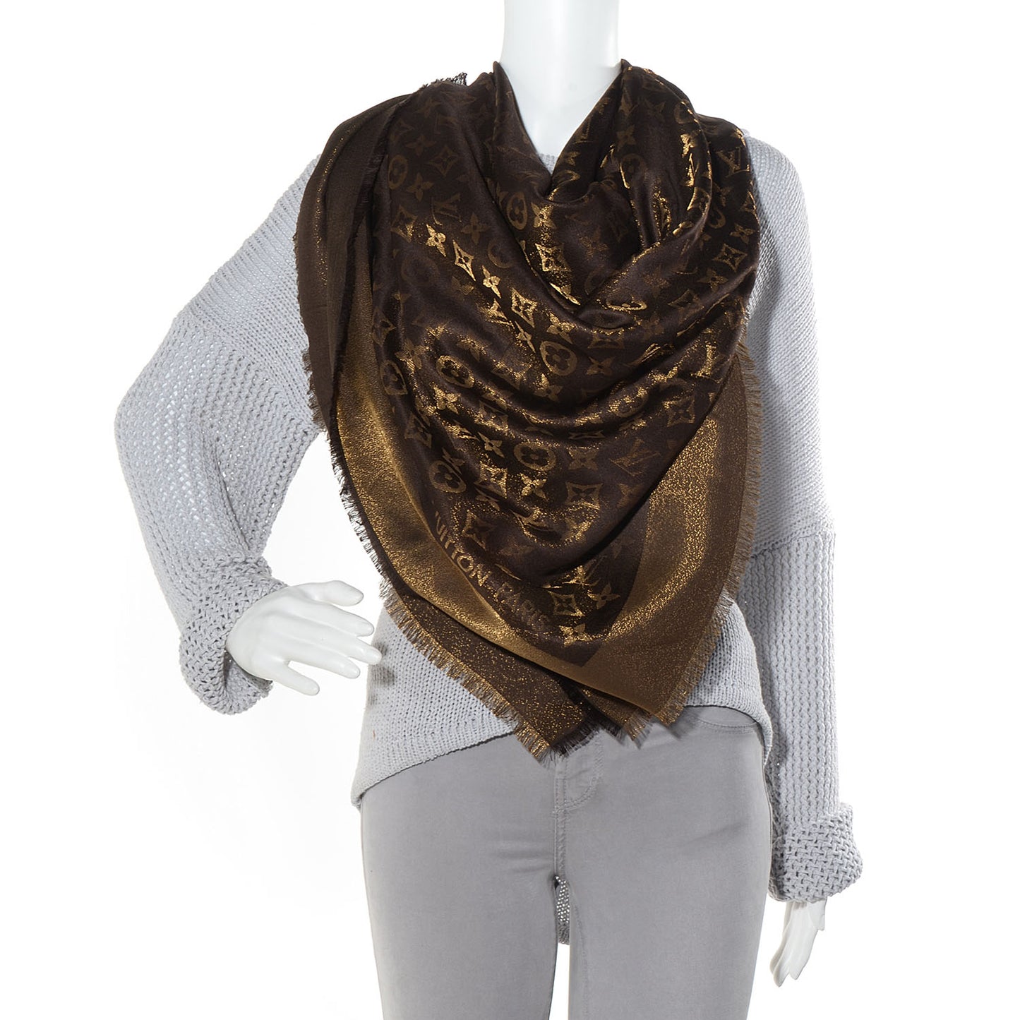 Silk Lurex Wool Monogram Shine Shawl Brown