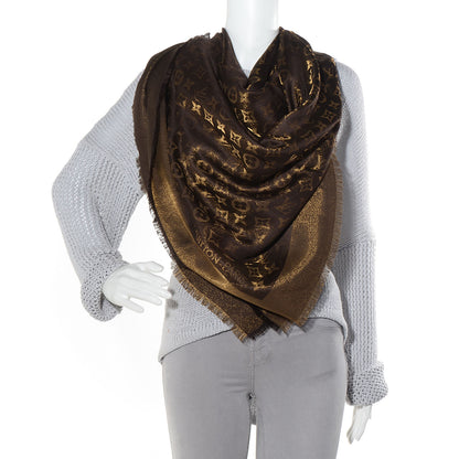 Louis Vuitton Silk Lurex Wool Monogram Shine Shawl Brown 2 of 5