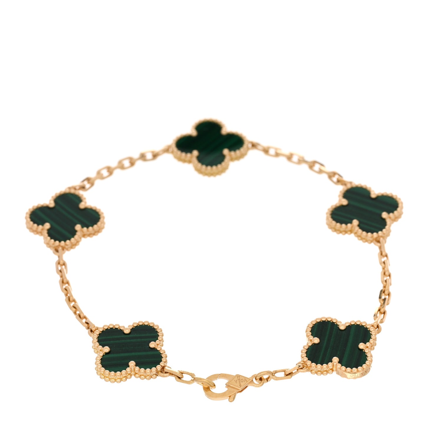 18K Yellow Gold Malachite 5 Motifs Vintage Alhambra Bracelet
