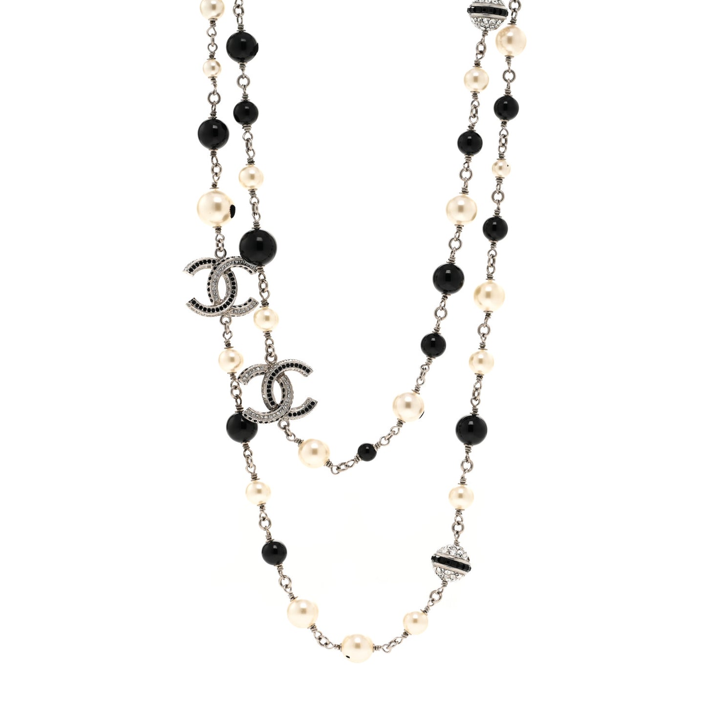 Metal Pearl Crystal Bead CC Long Necklace Silver Black
