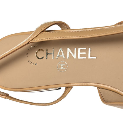 Chanel Lambskin Grosgrain Cap Toe CC Slingback Sandals 37.5 Beige Black 7 of 11