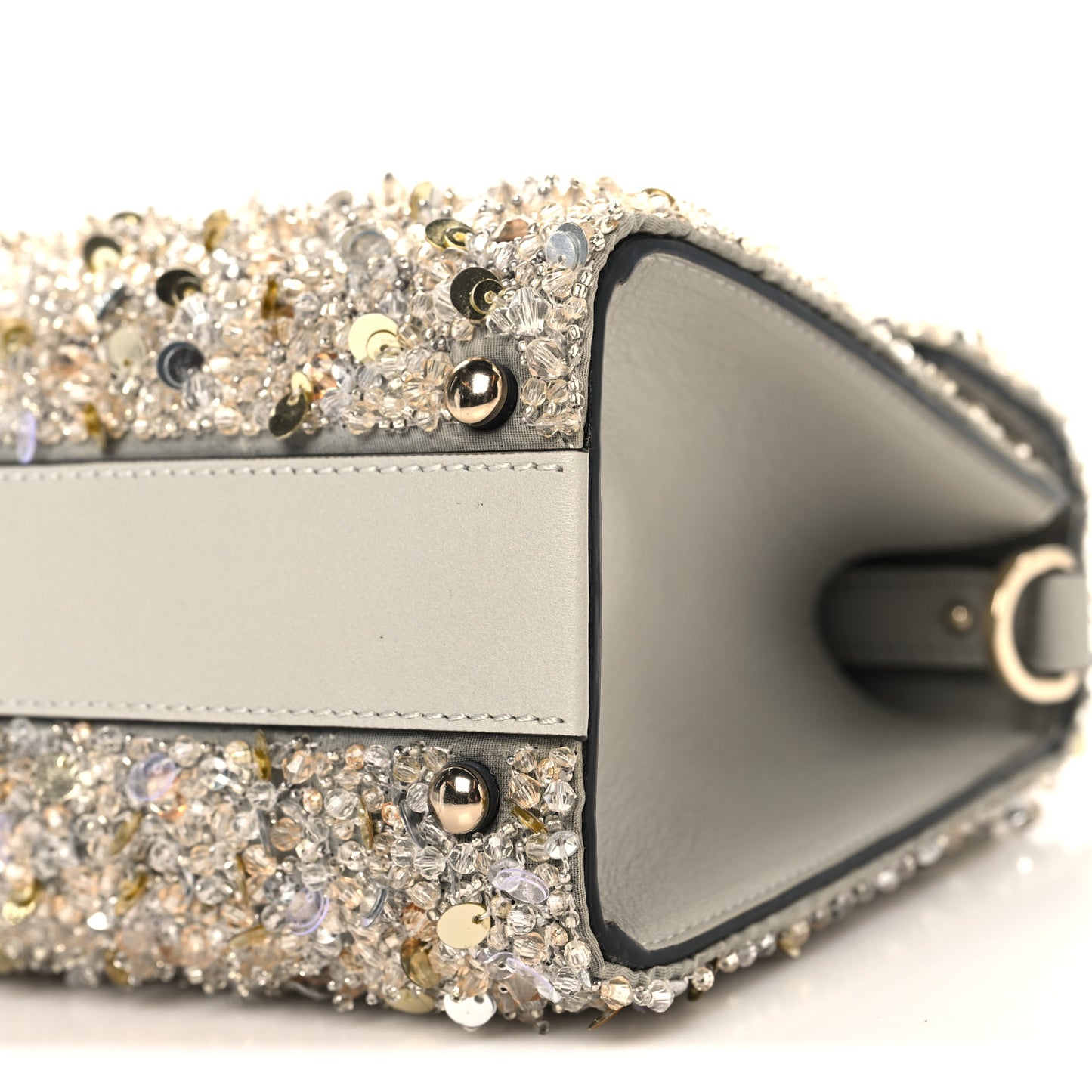 Sequin Crystal Embroidered Mini Vsling Top Handle Bag Silver Opal Grey