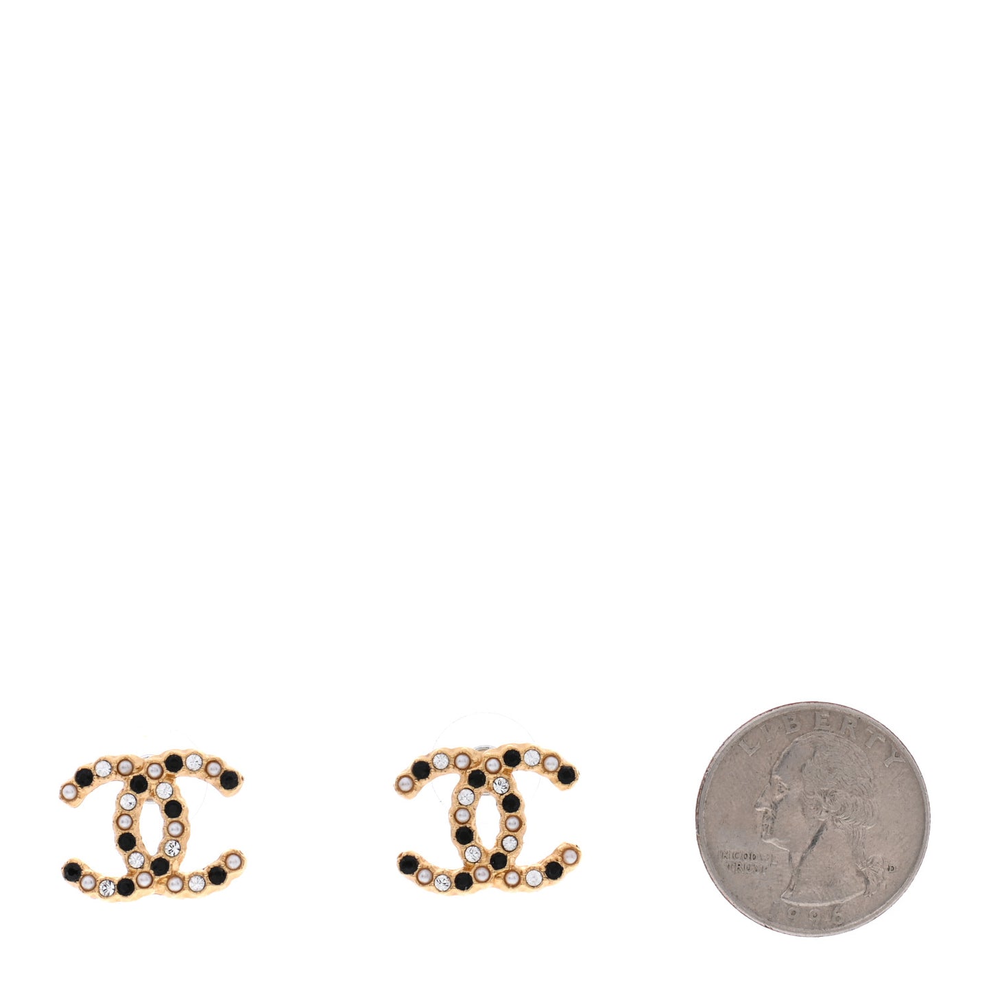 Resin Pearl Crystal CC Earrings Gold Black