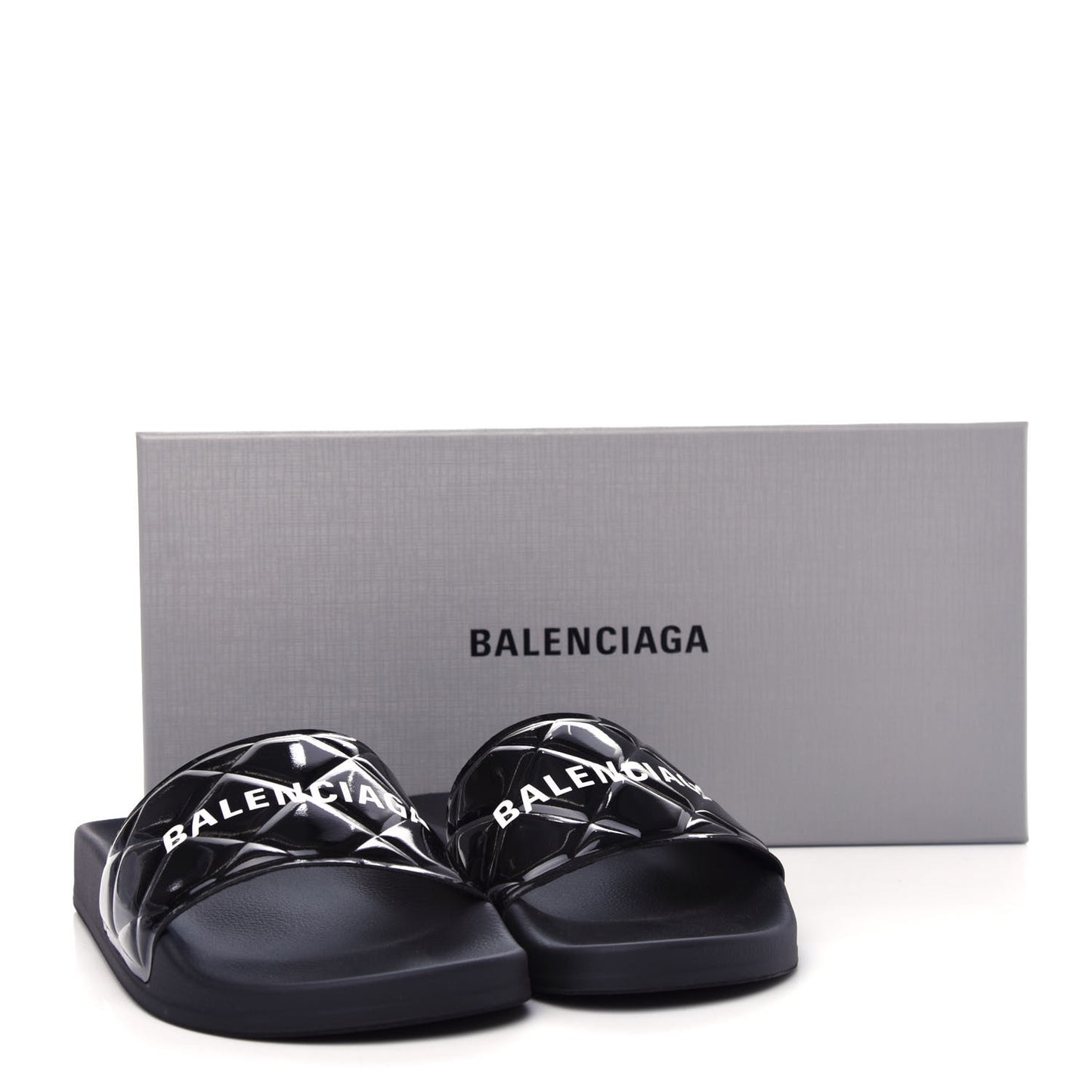 Rubber Patent Quilted Logo Slide Sandals 36 Black White