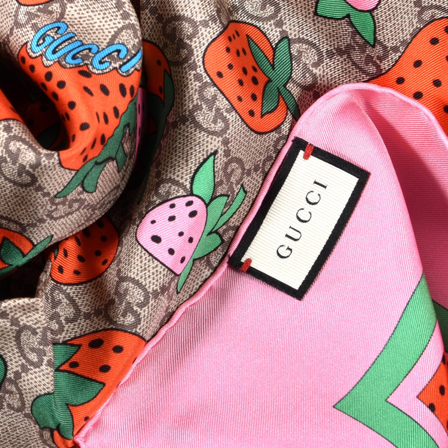 Silk Monogram Strawberry Print Square Scarf Pink