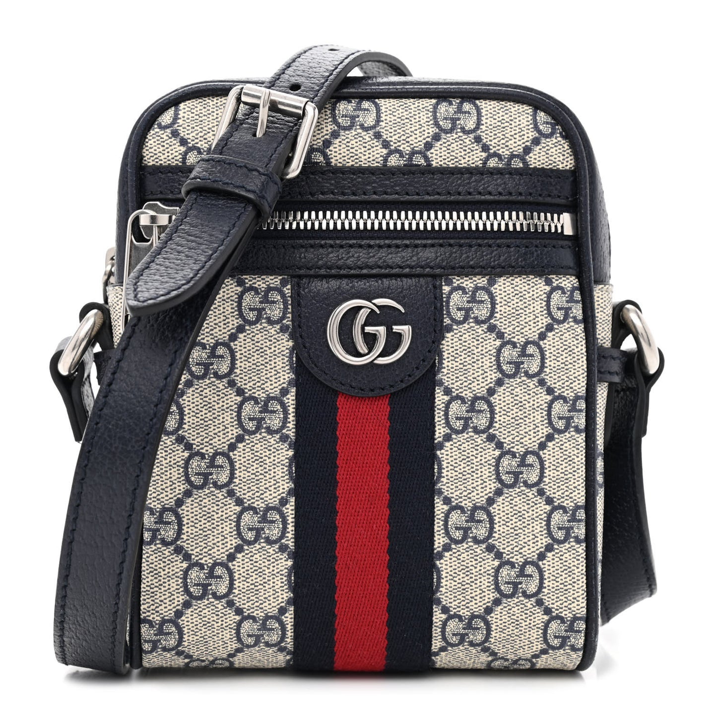 GG Supreme Monogram Textured Calfskin Web Mini Ophidia Messenger Beige Blue