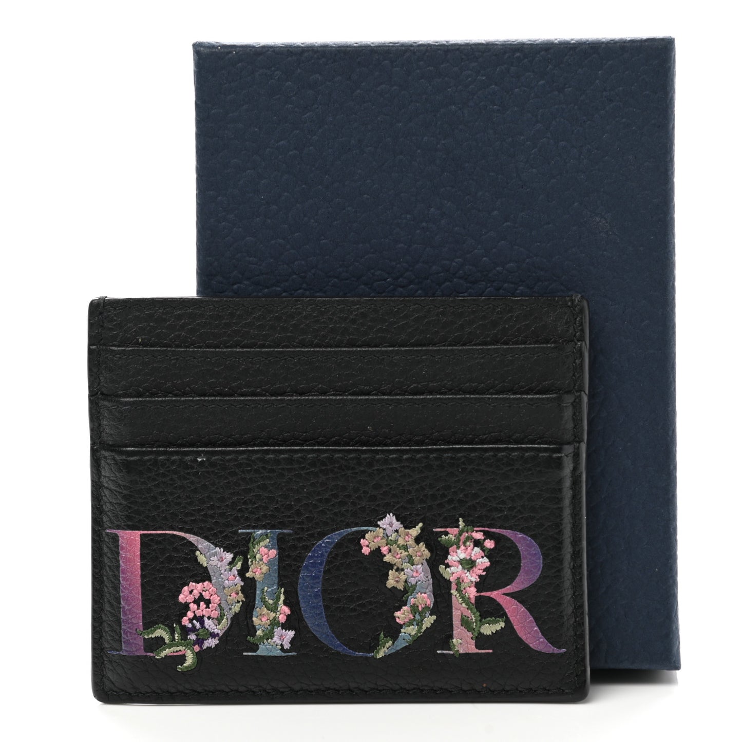Grained Calfskin Embroidered Floral Lady Dior Card Holder Black