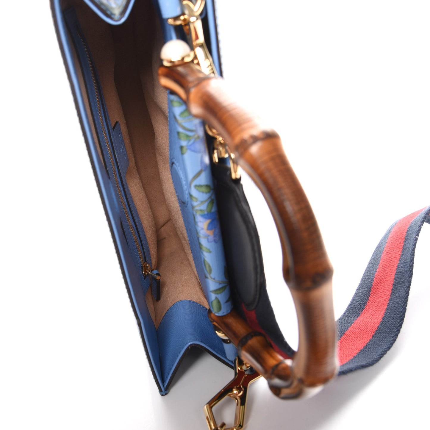 Calfskin Bamboo Web New Flora Small Nymphaea Top Handle Bag Azure