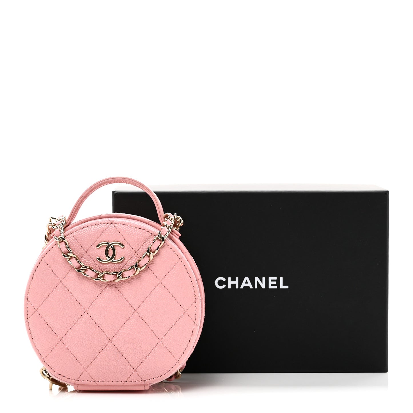 Caviar Quilted Round Handle With Care Vanity With Chain Pink