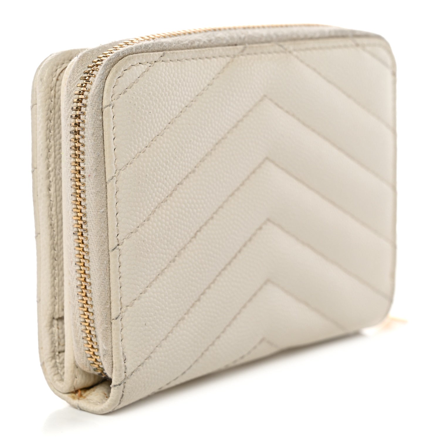 Saint Laurent Grain De Poudre Matelasse Chevron Monogram Compact Zip Around Wallet Crema Soft 3 of 10