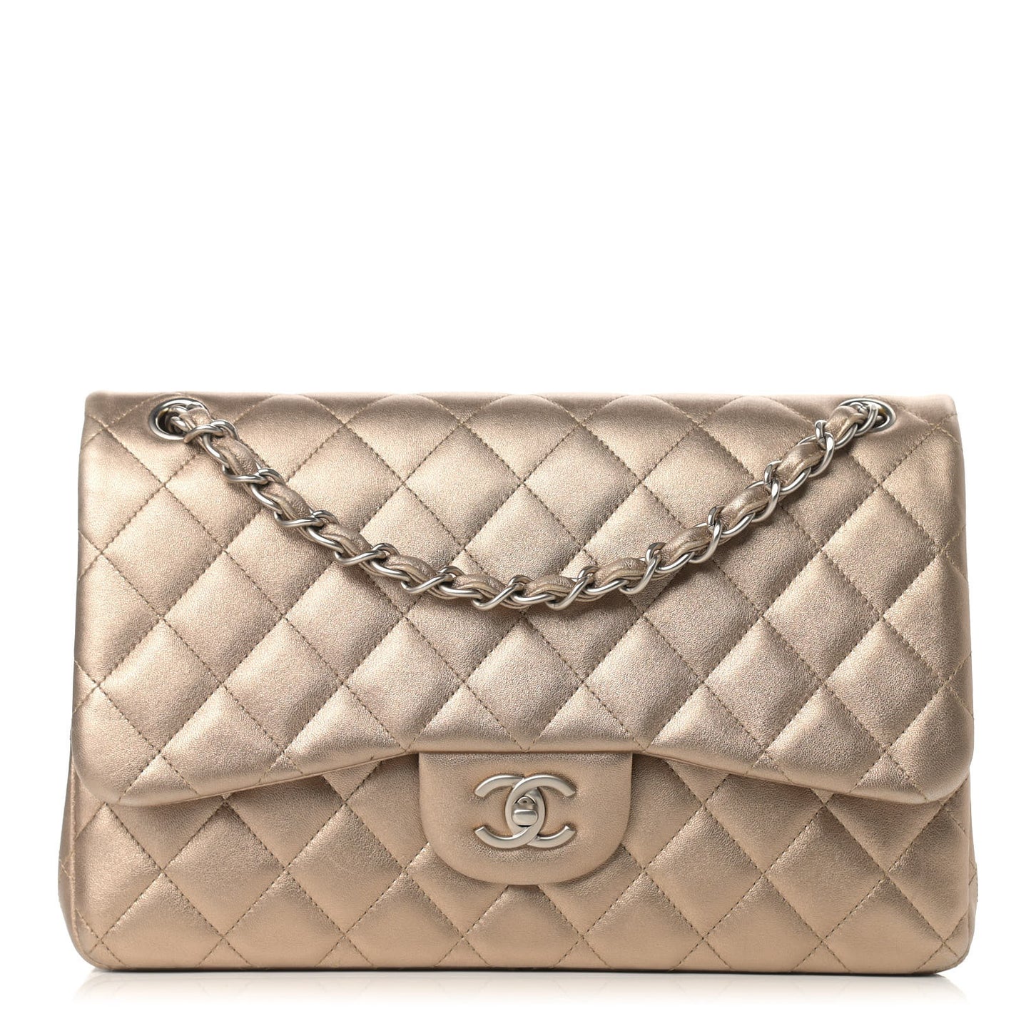 Metallic Lambskin Quilted Jumbo Double Flap Gold