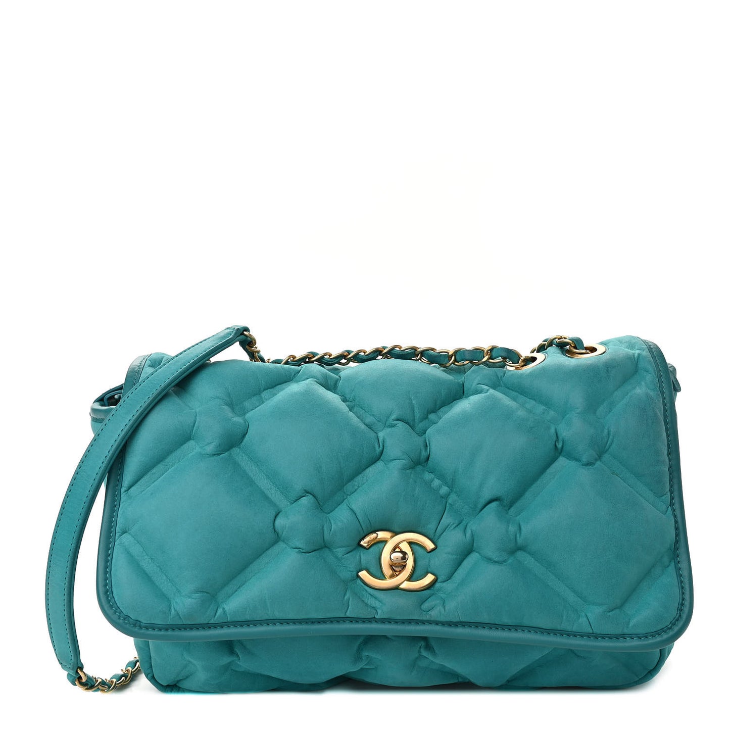 Iridescent Calfskin Quilted Small Chesterfield Flap Turquoise