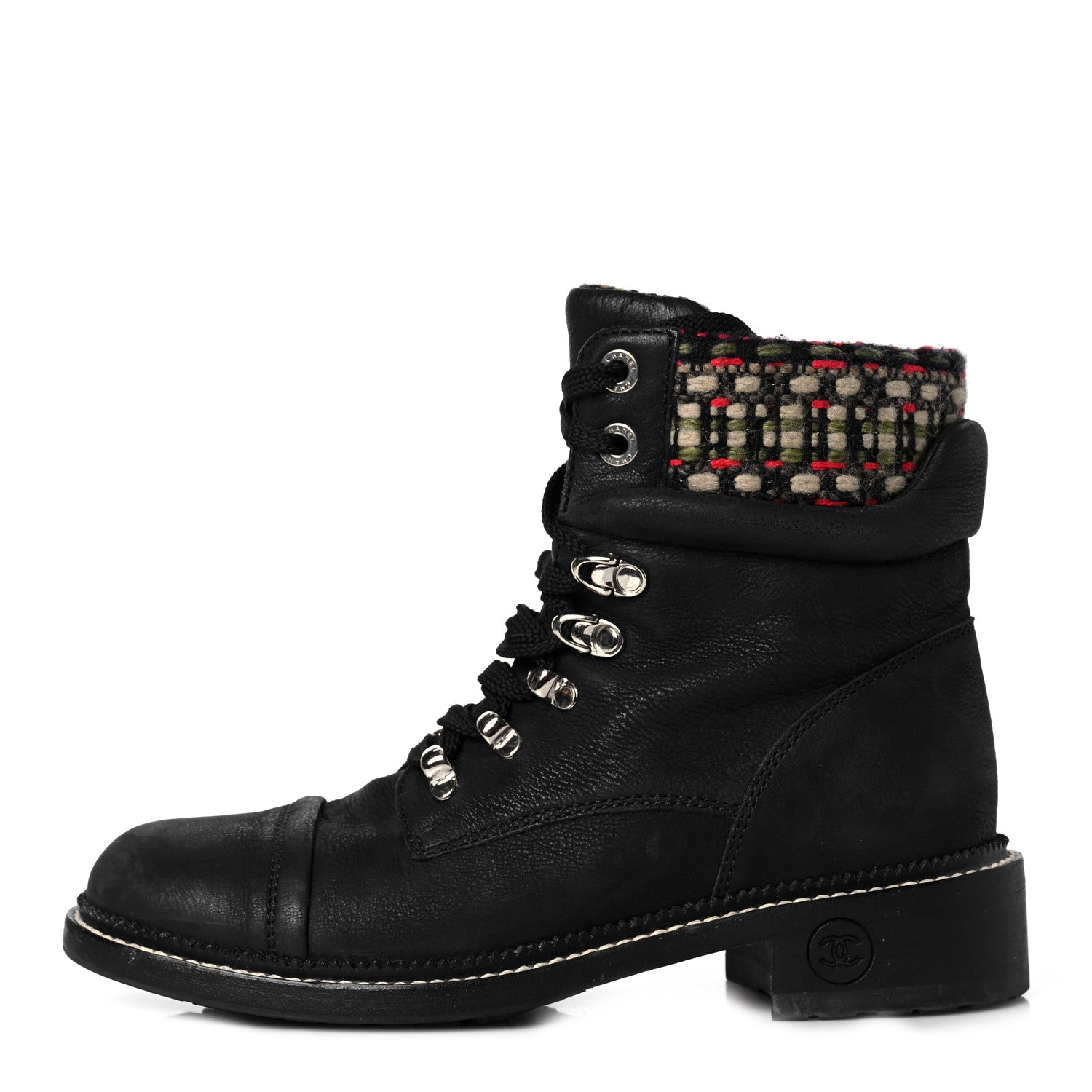 Chanel Calfskin Tweed Trim Lace Up Boots 39 Black Multicolor 1 of 7